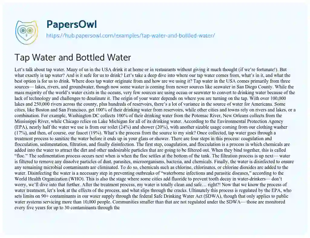 Essay on Tap Water and Bottled Water