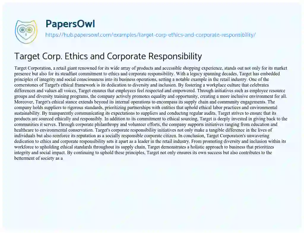 Essay on Target Corp. Ethics and Corporate Responsibility
