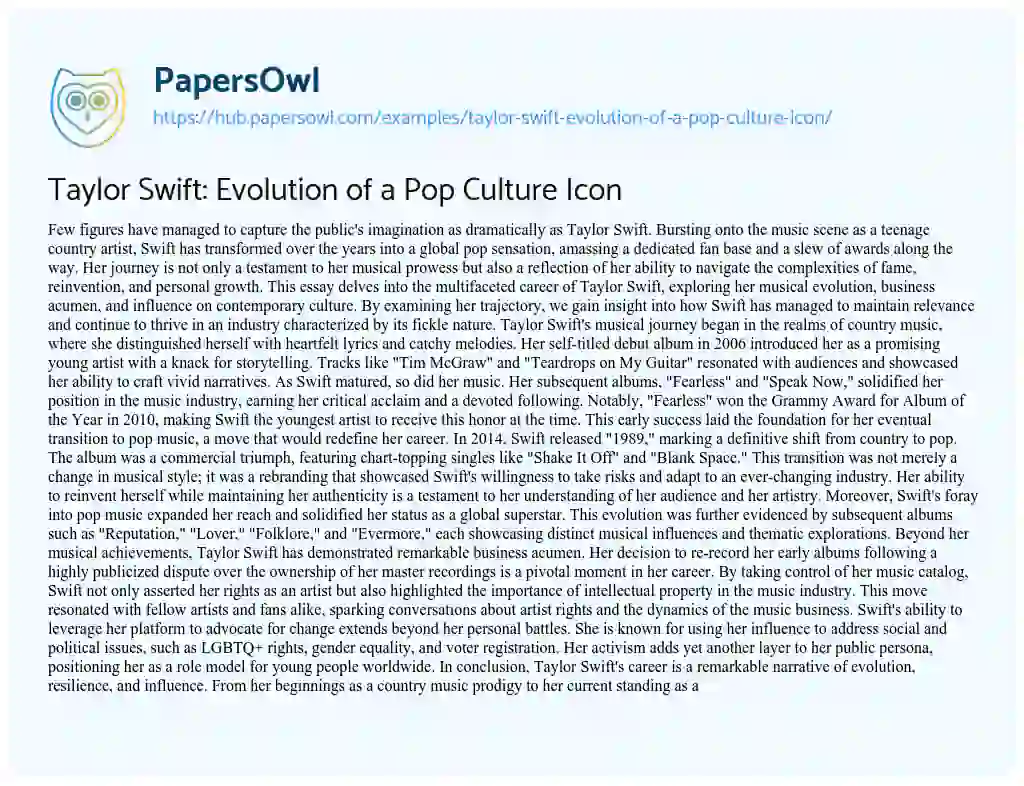 Essay on Taylor Swift: Evolution of a Pop Culture Icon
