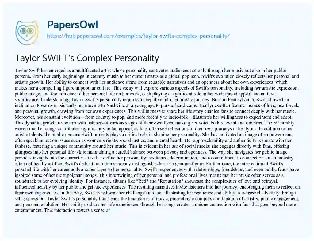Essay on Taylor SWIFT’s Complex Personality
