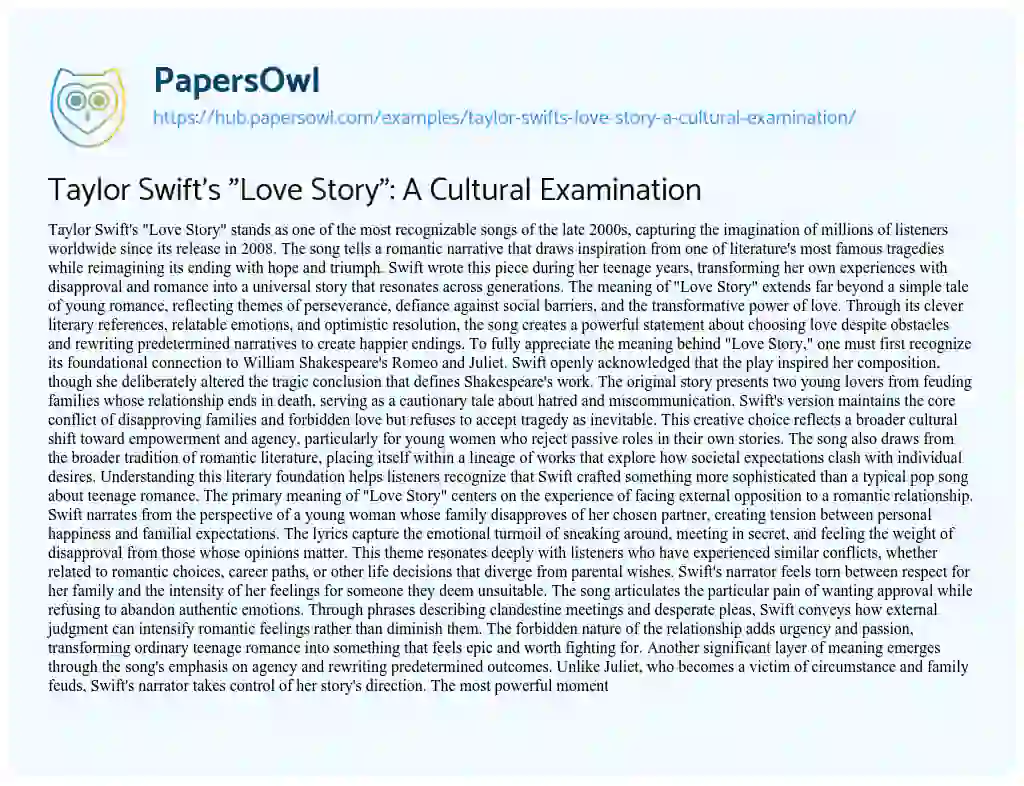 Essay on Taylor Swift’s “Love Story”: A Cultural Examination