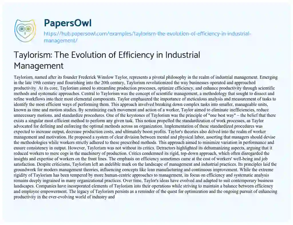 Essay on Taylorism: The Evolution of Efficiency in Industrial Management