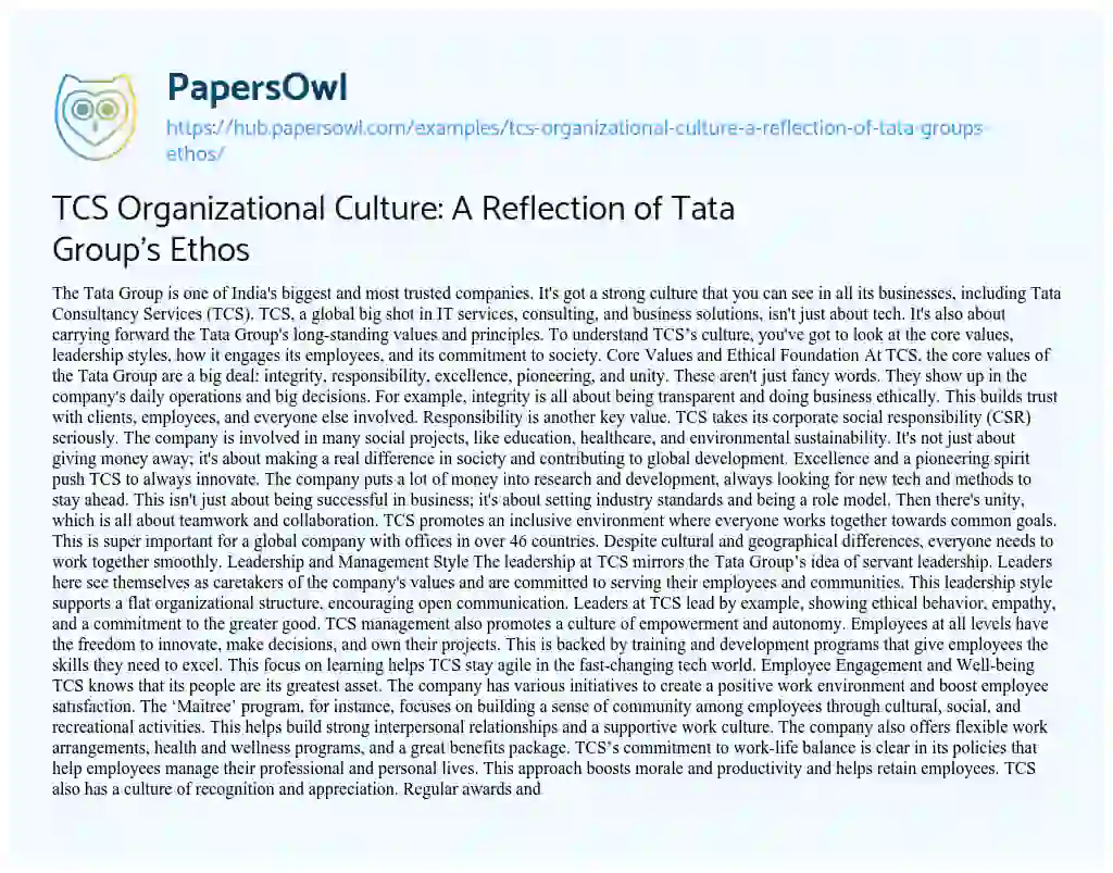 Essay on TCS Organizational Culture: A Reflection of Tata Group’s Ethos