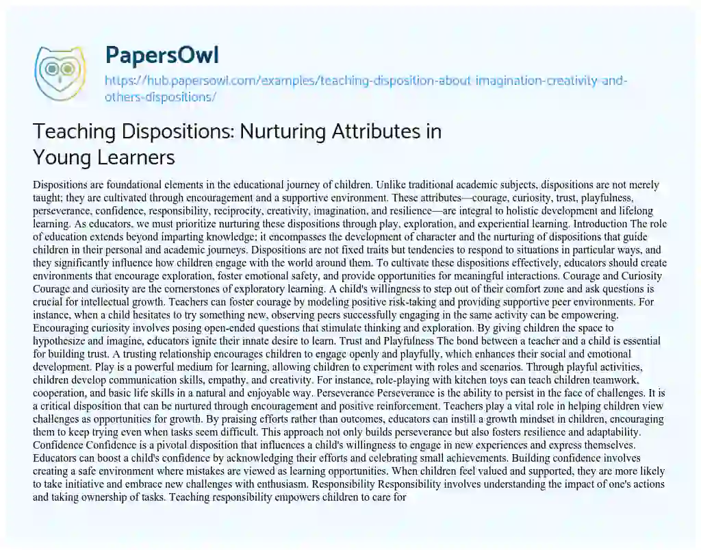 Essay on Teaching Dispositions: Nurturing Attributes in Young Learners