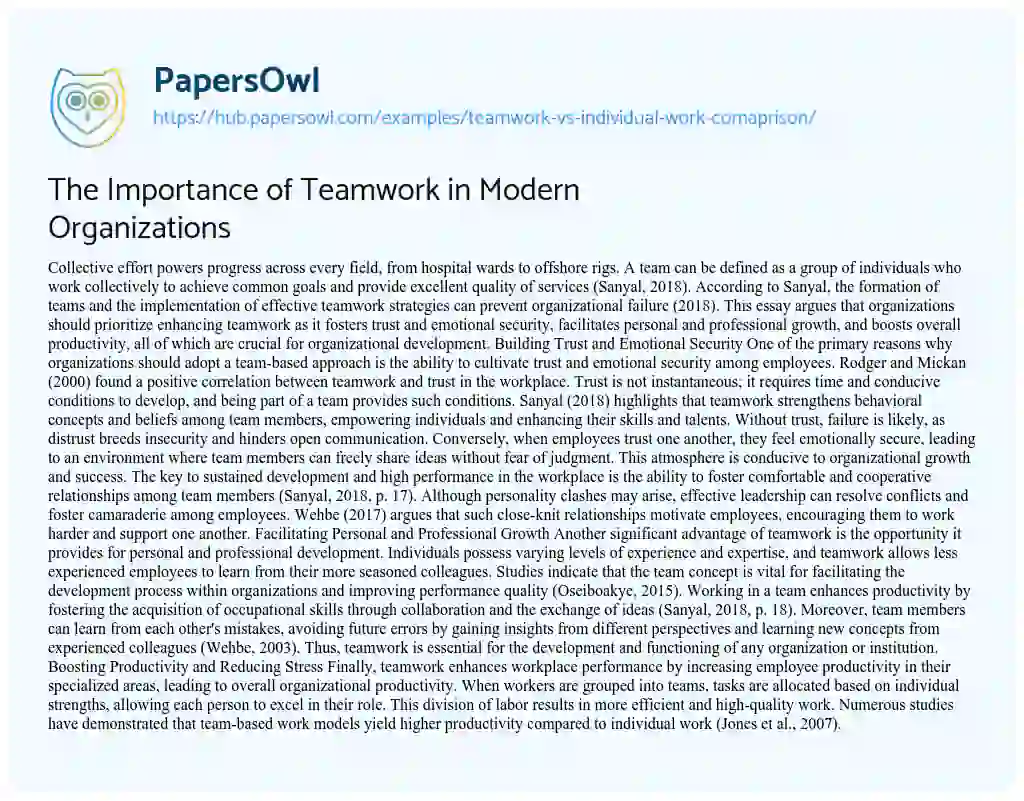 Essay on The Importance of Teamwork in Modern Organizations