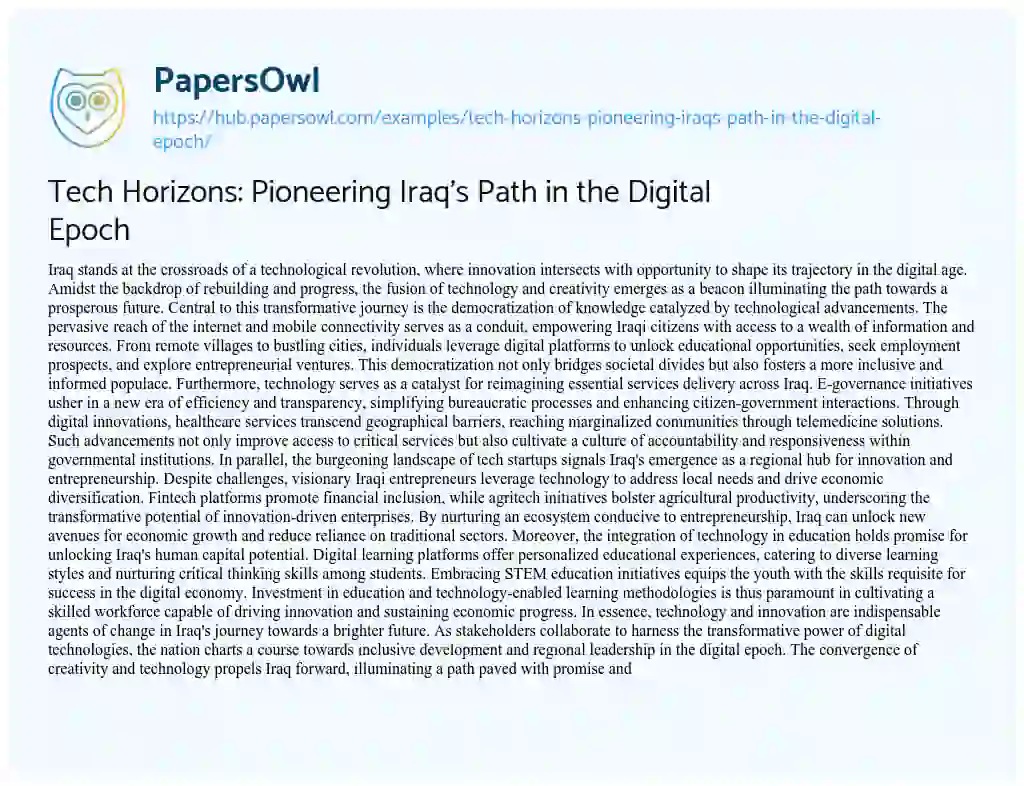Essay on Tech Horizons: Pioneering Iraq’s Path in the Digital Epoch