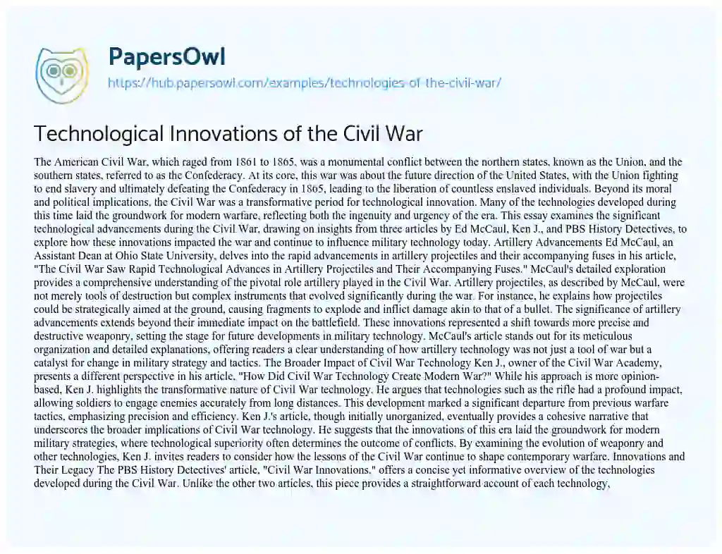Essay on Technological Innovations of the Civil War