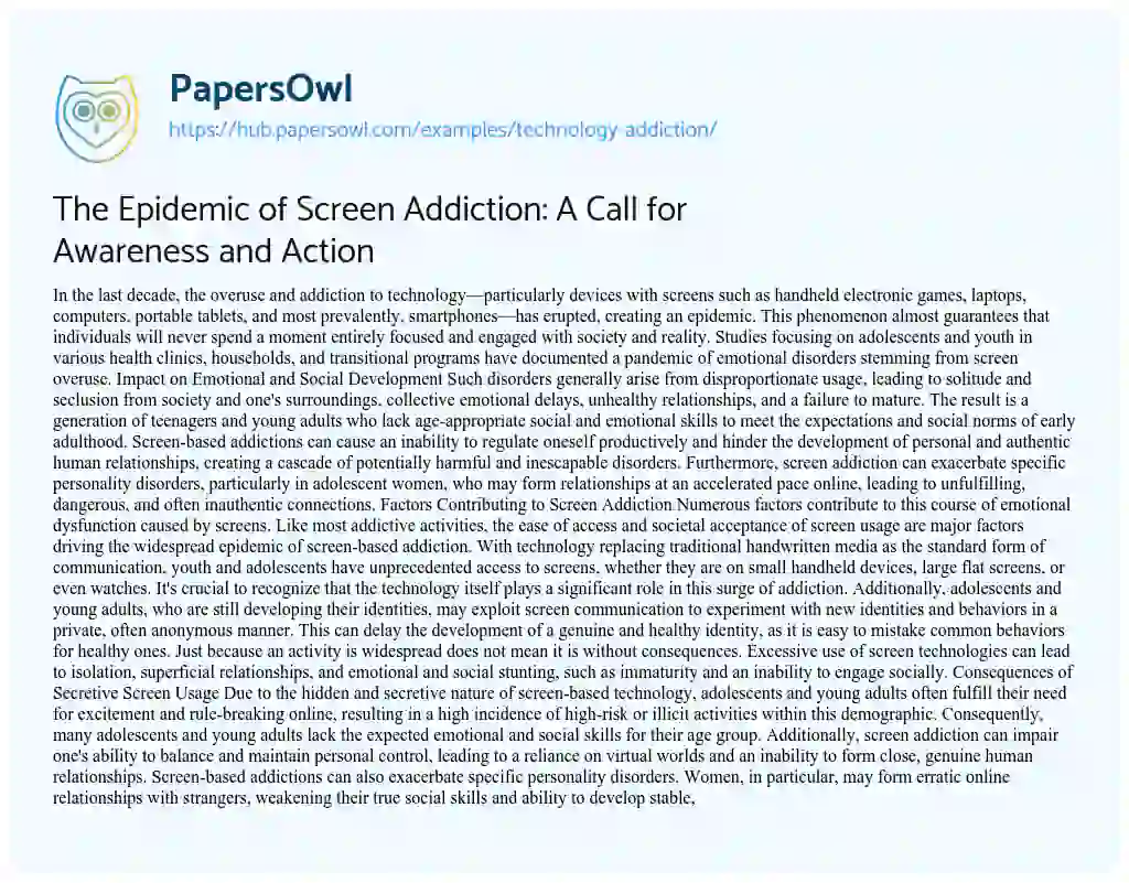 Essay on The Epidemic of Screen Addiction: A Call for Awareness and Action