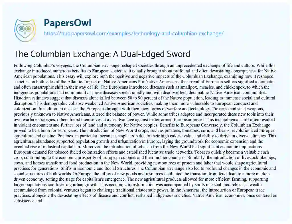 Essay on The Columbian Exchange: A Dual-Edged Sword