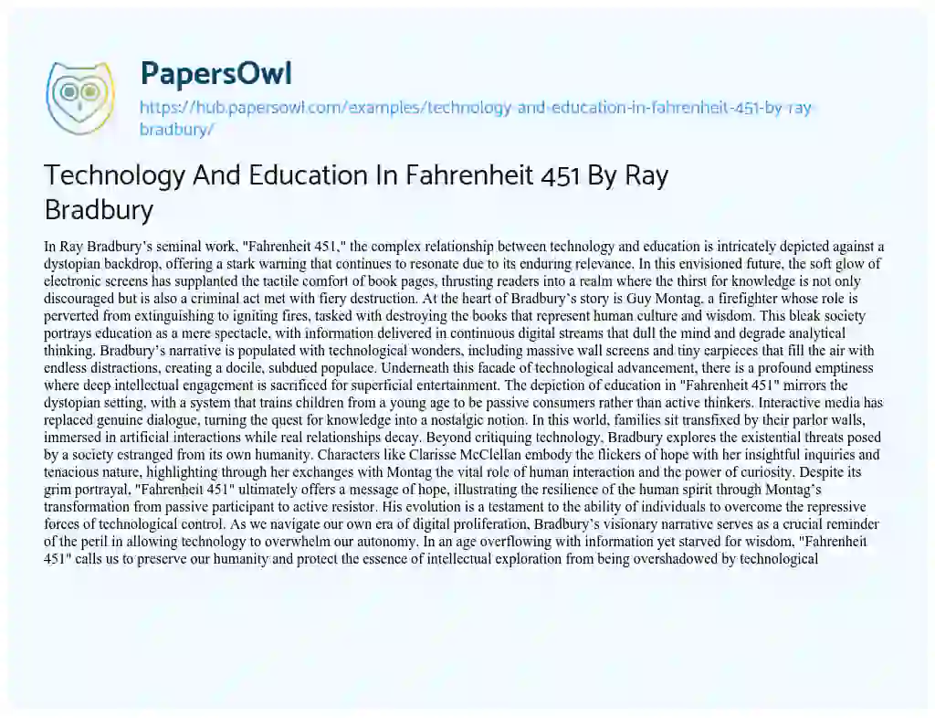Essay on Technology And Education In Fahrenheit 451 By Ray Bradbury