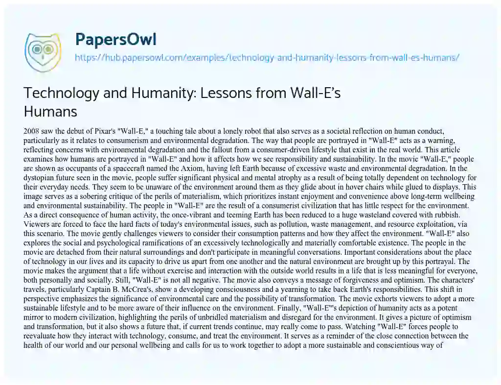 Essay on Technology and Humanity: Lessons from Wall-E’s Humans