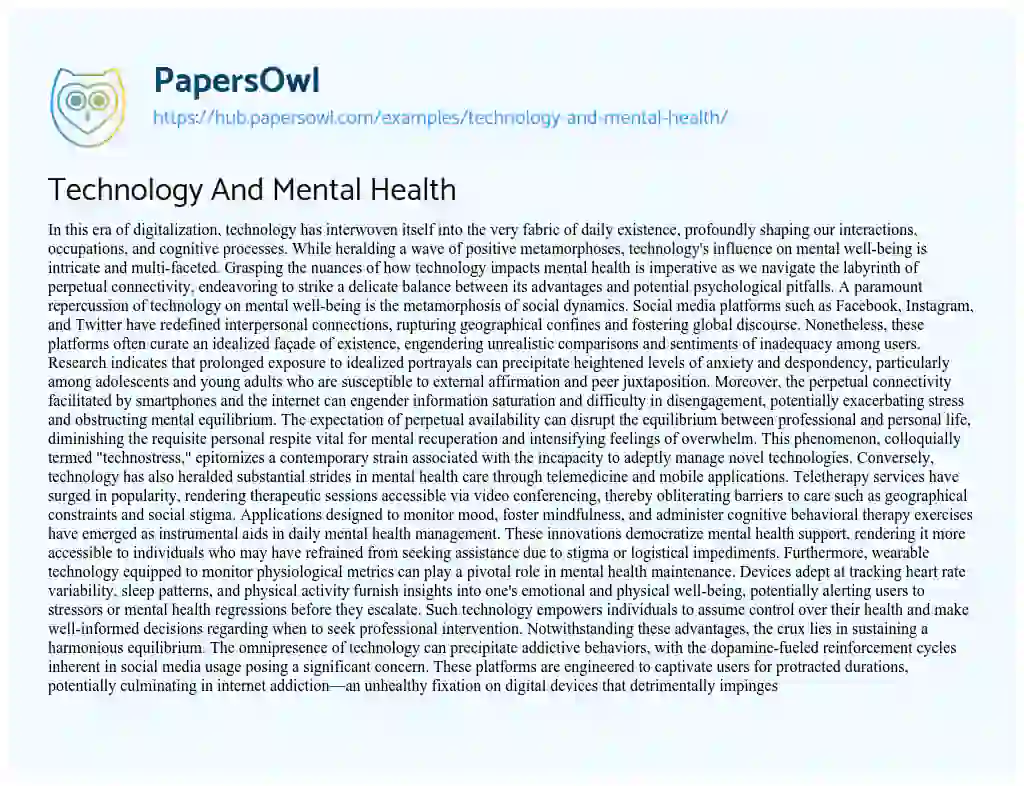 Essay on Technology And Mental Health