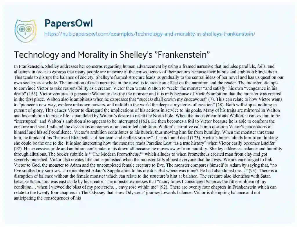 Essay on Technology and Morality in Shelley’s “Frankenstein”