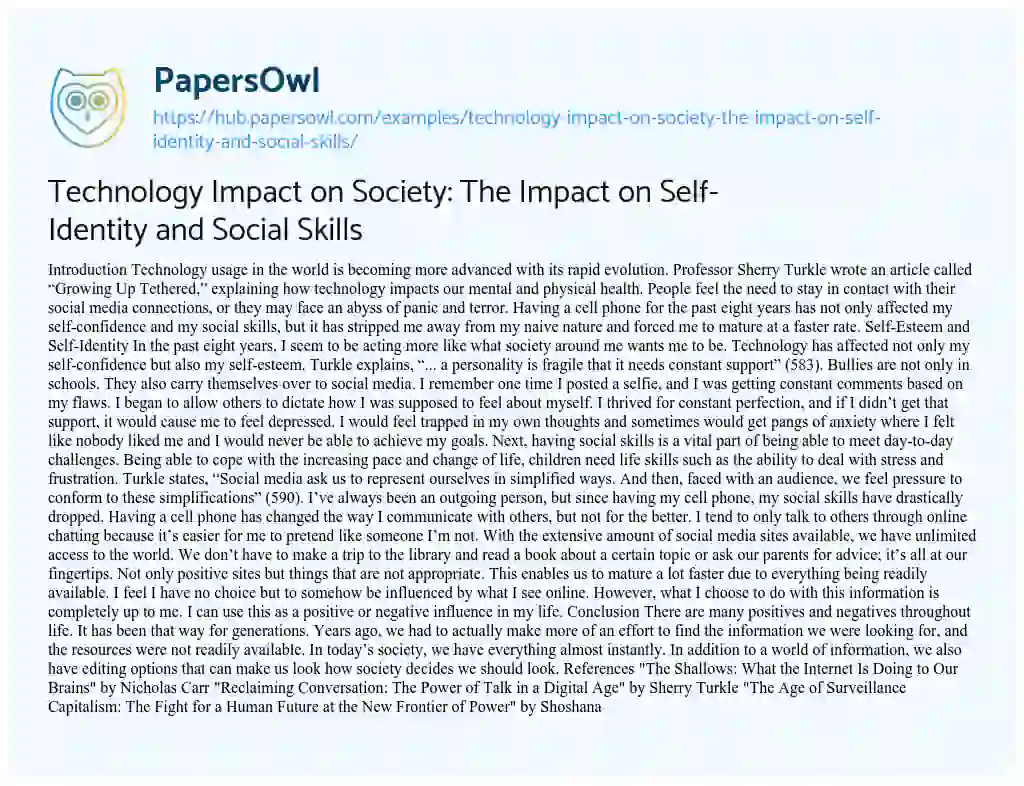 Essay on Technology Impact on Society: The Impact on Self-Identity and Social Skills