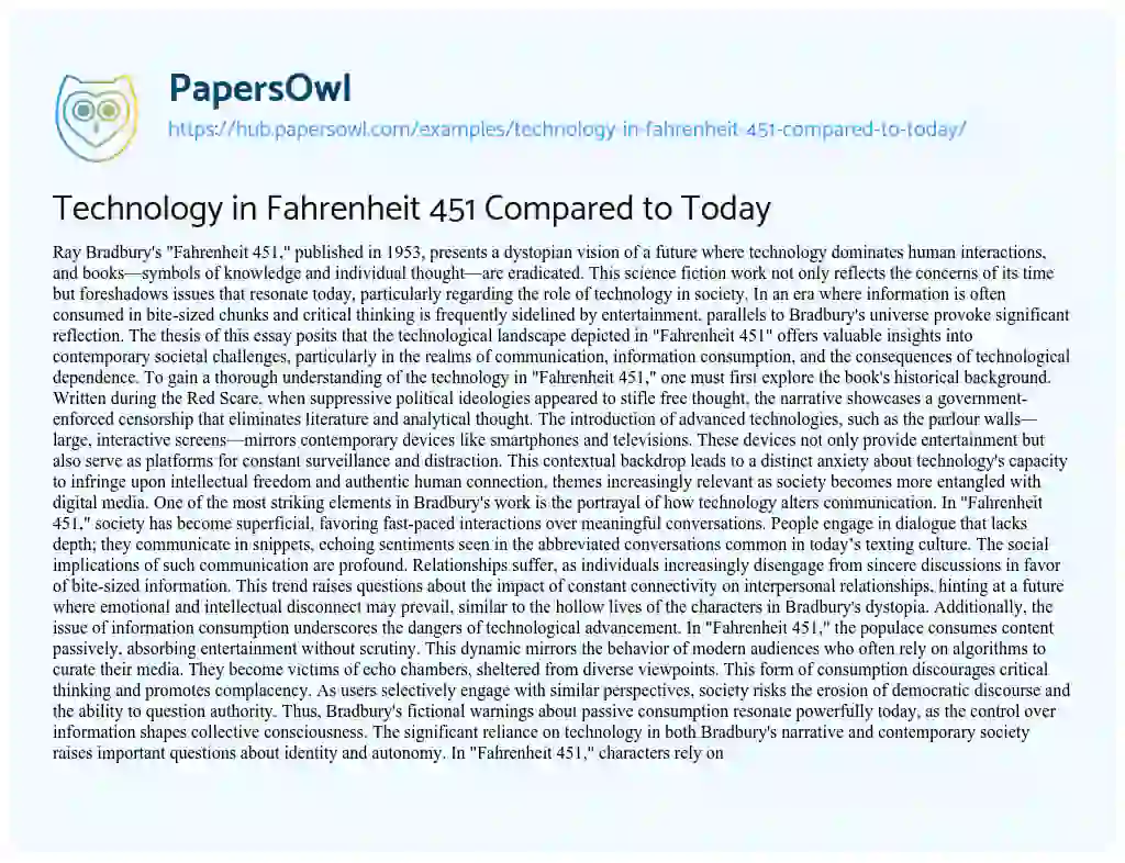 Essay on Technology in Fahrenheit 451 Compared to Today