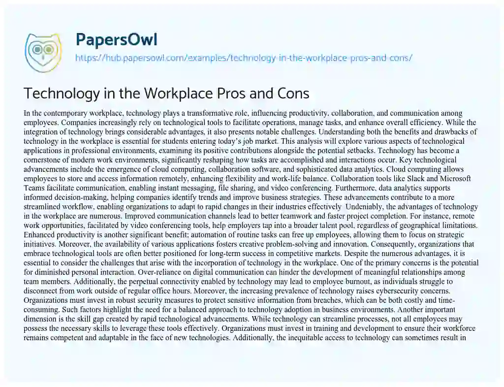 Essay on Technology in the Workplace Pros and Cons