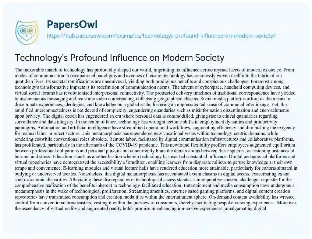 Essay on Technology’s Profound Influence on Modern Society