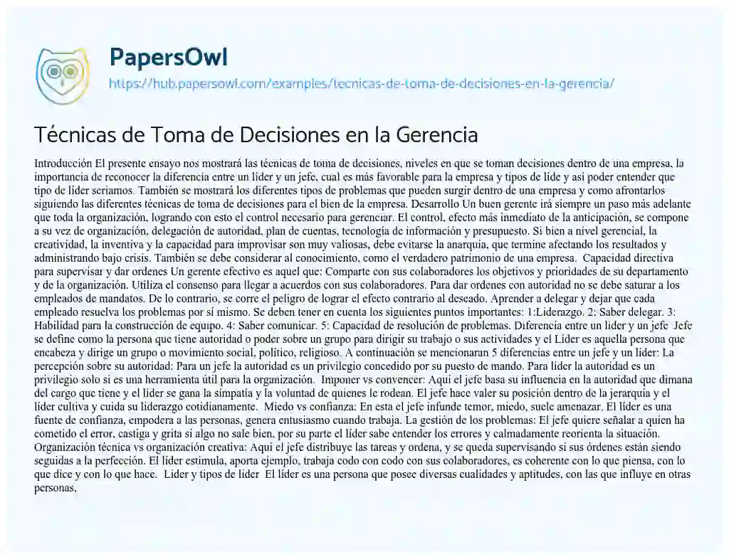Essay on Técnicas de Toma de Decisiones en la Gerencia