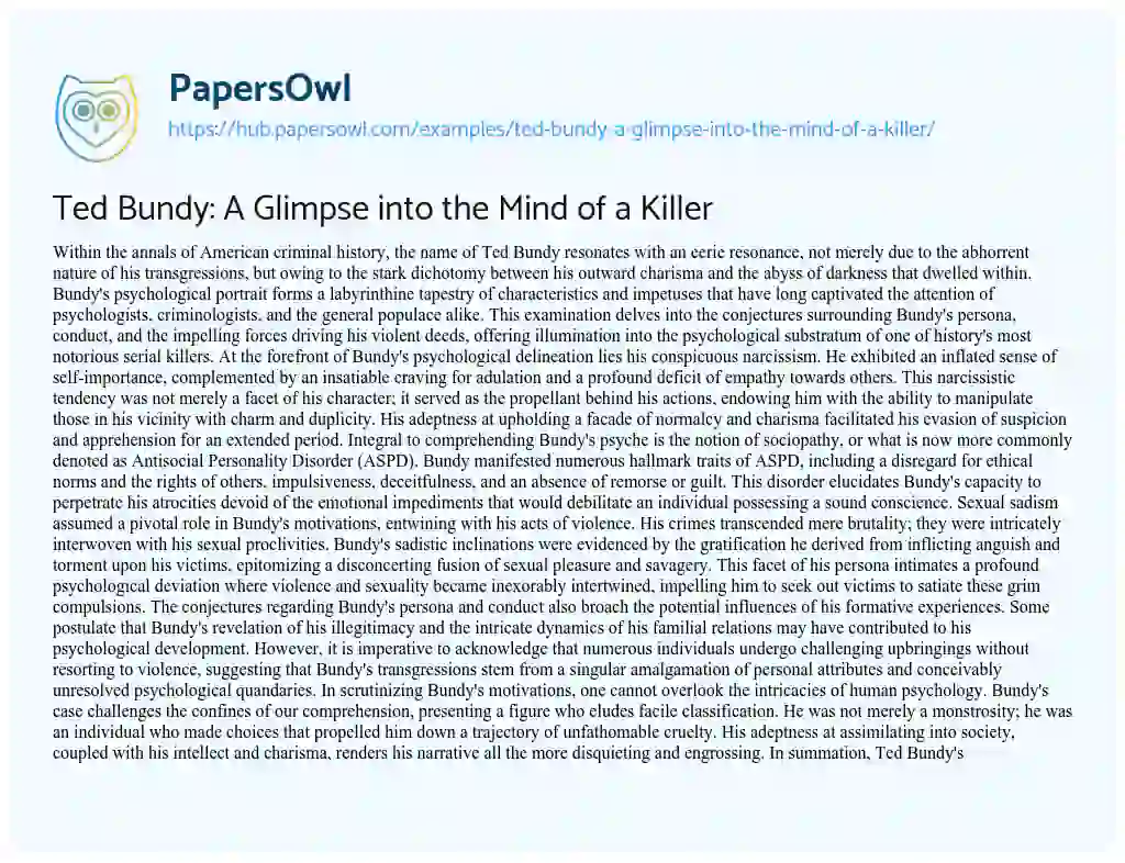 Essay on Ted Bundy: A Glimpse into the Mind of a Killer