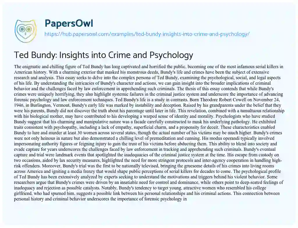 Essay on Ted Bundy: Insights into Crime and Psychology
