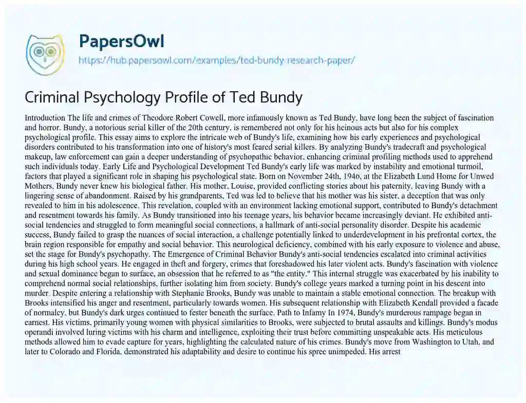 Essay on Criminal Psychology Profile of Ted Bundy