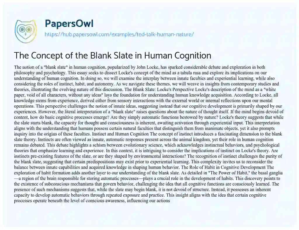 Essay on The Concept of the Blank Slate in Human Cognition