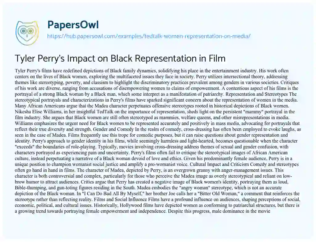 Essay on Tyler Perry’s Impact on Black Representation in Film