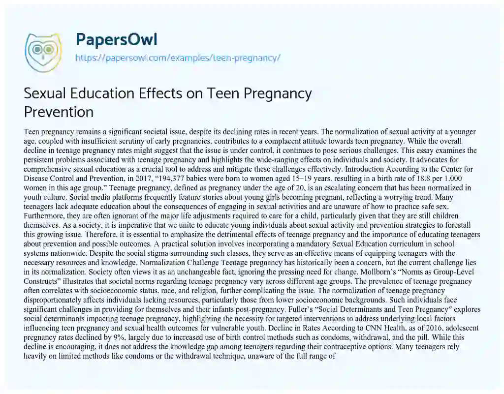 Essay on Sexual Education Effects on Teen Pregnancy Prevention