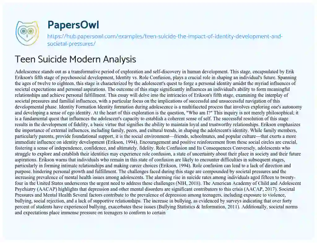 Essay on Teen Suicide Modern Analysis