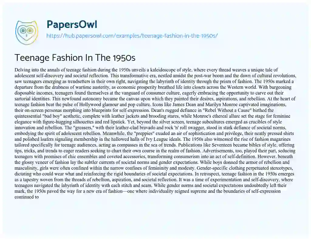Essay on Teenage Fashion In The 1950s