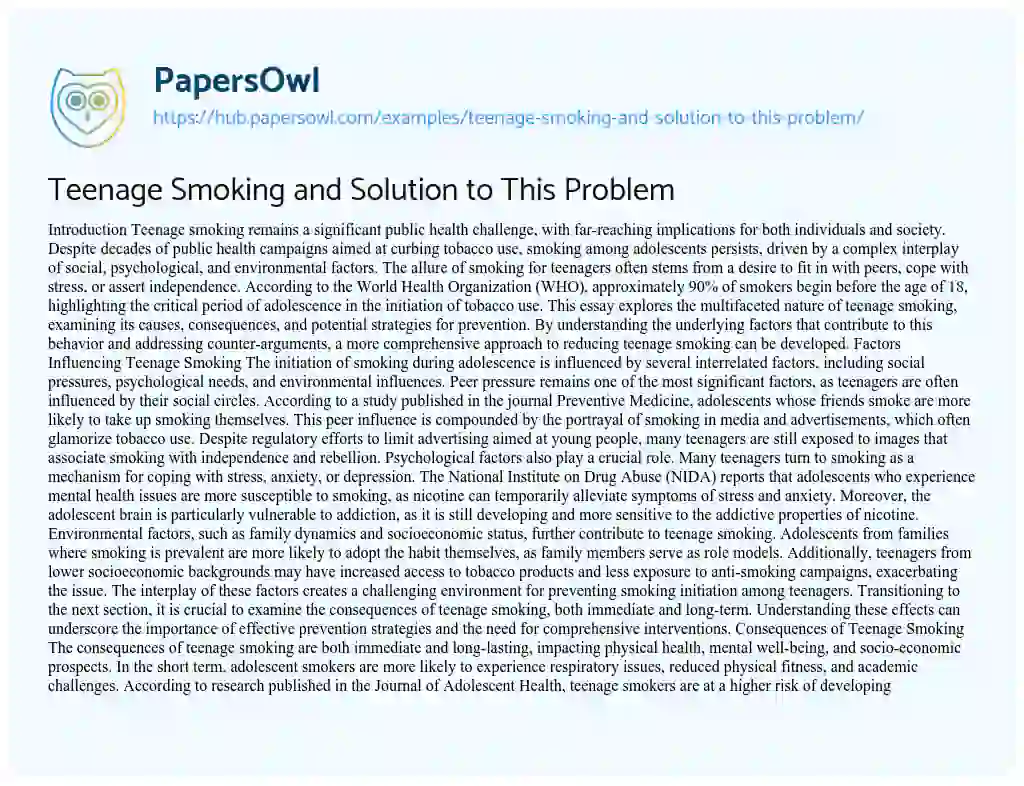Essay on Teenage Smoking and Solution to This Problem