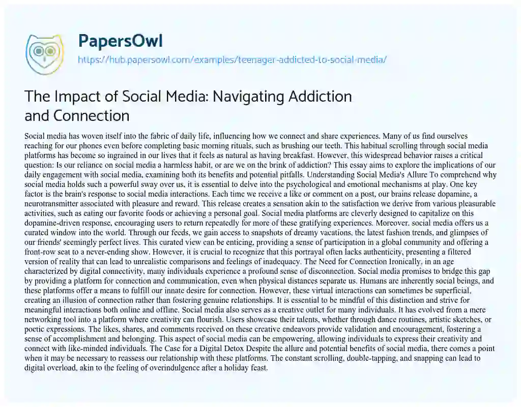 Essay on The Impact of Social Media: Navigating Addiction and Connection