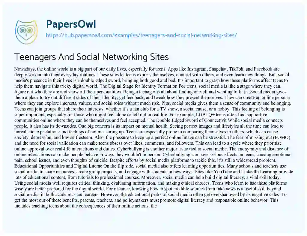 Essay on Teenagers And Social Networking Sites