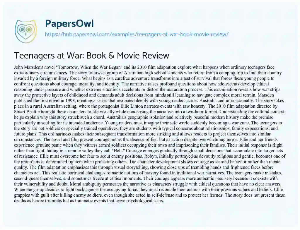 Essay on Teenagers at War: Book & Movie Review