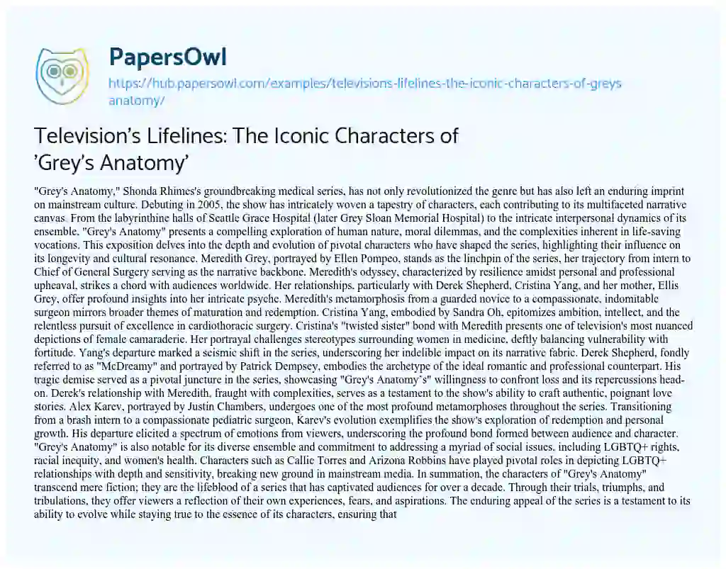 Essay on Television’s Lifelines: The Iconic Characters of ‘Grey’s Anatomy’