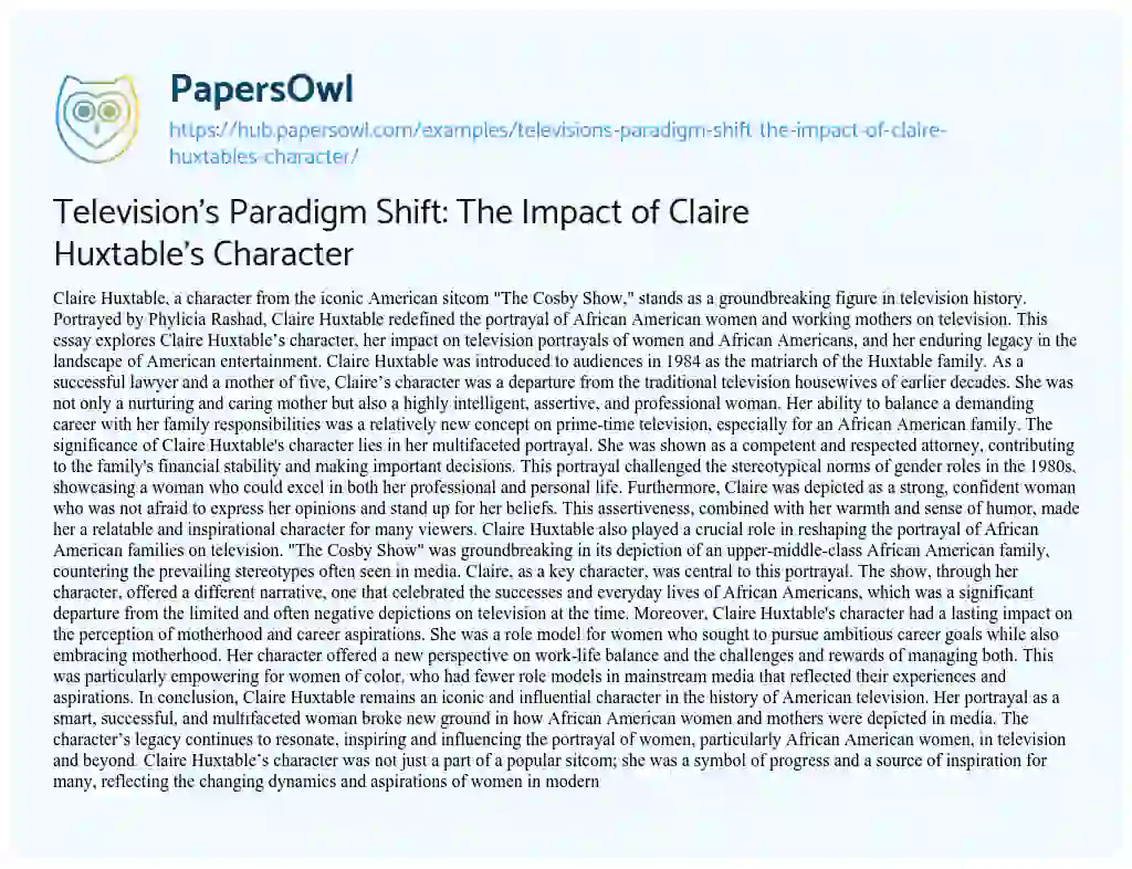 Essay on Television’s Paradigm Shift: The Impact of Claire Huxtable’s Character