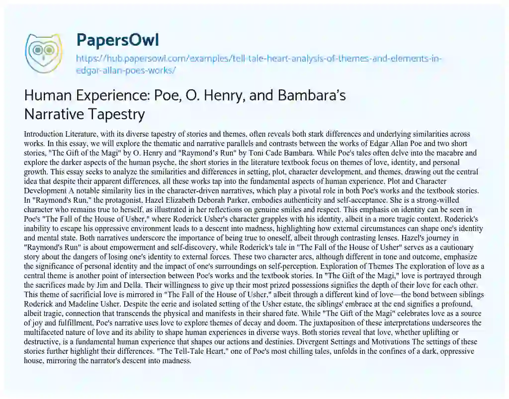 Essay on Human Experience: Poe, O. Henry, and Bambara’s Narrative Tapestry