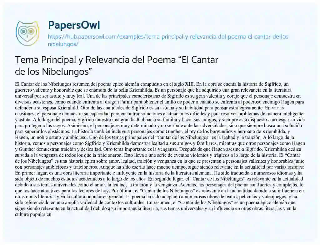 Essay on Tema Principal y Relevancia del Poema “El Cantar de los Nibelungos”