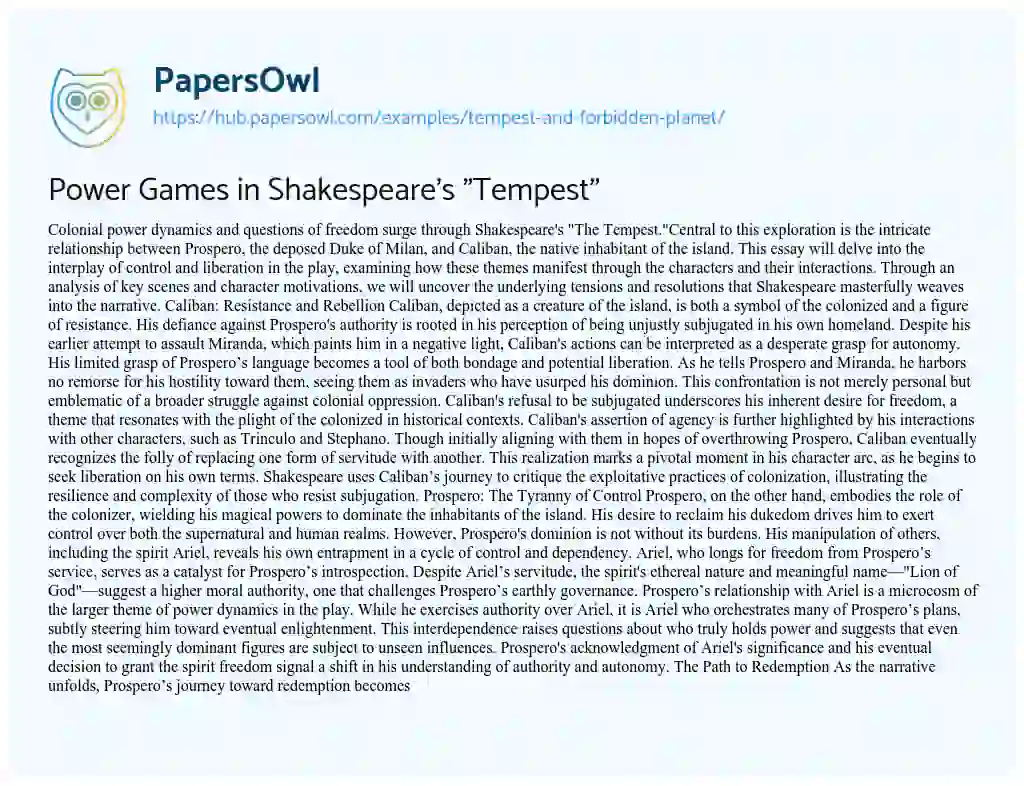 Essay on Power Games in Shakespeare’s “Tempest”