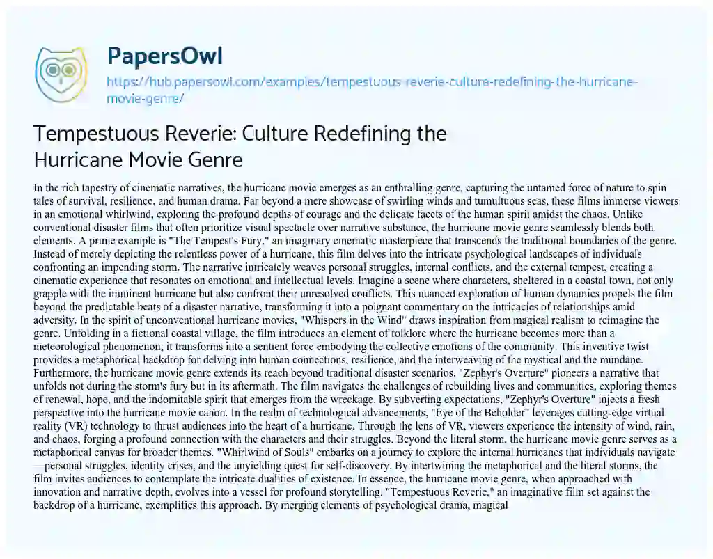 Essay on Tempestuous Reverie: Culture Redefining the Hurricane Movie Genre