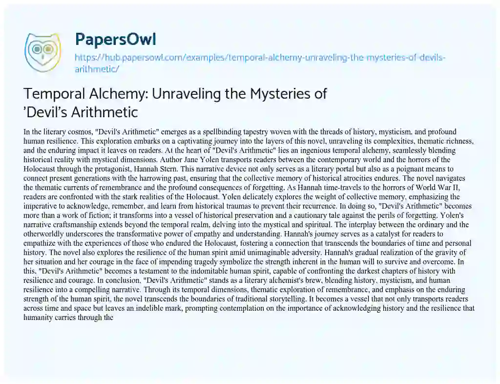 Essay on Temporal Alchemy: Unraveling the Mysteries of ‘Devil’s Arithmetic