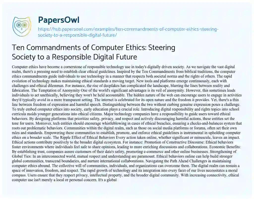 Essay on Ten Commandments of Computer Ethics: Steering Society to a Responsible Digital Future