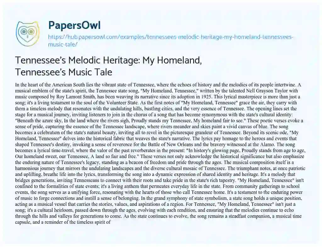 Essay on Tennessee’s Melodic Heritage: My Homeland, Tennessee’s Music Tale