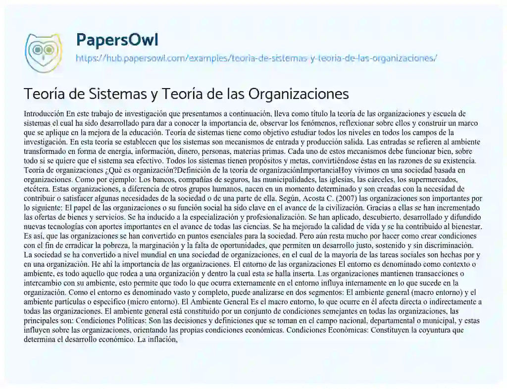 Essay on Teoría de Sistemas y Teoría de las Organizaciones