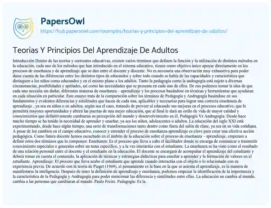 Essay on Teorías Y Principios Del Aprendizaje De Adultos