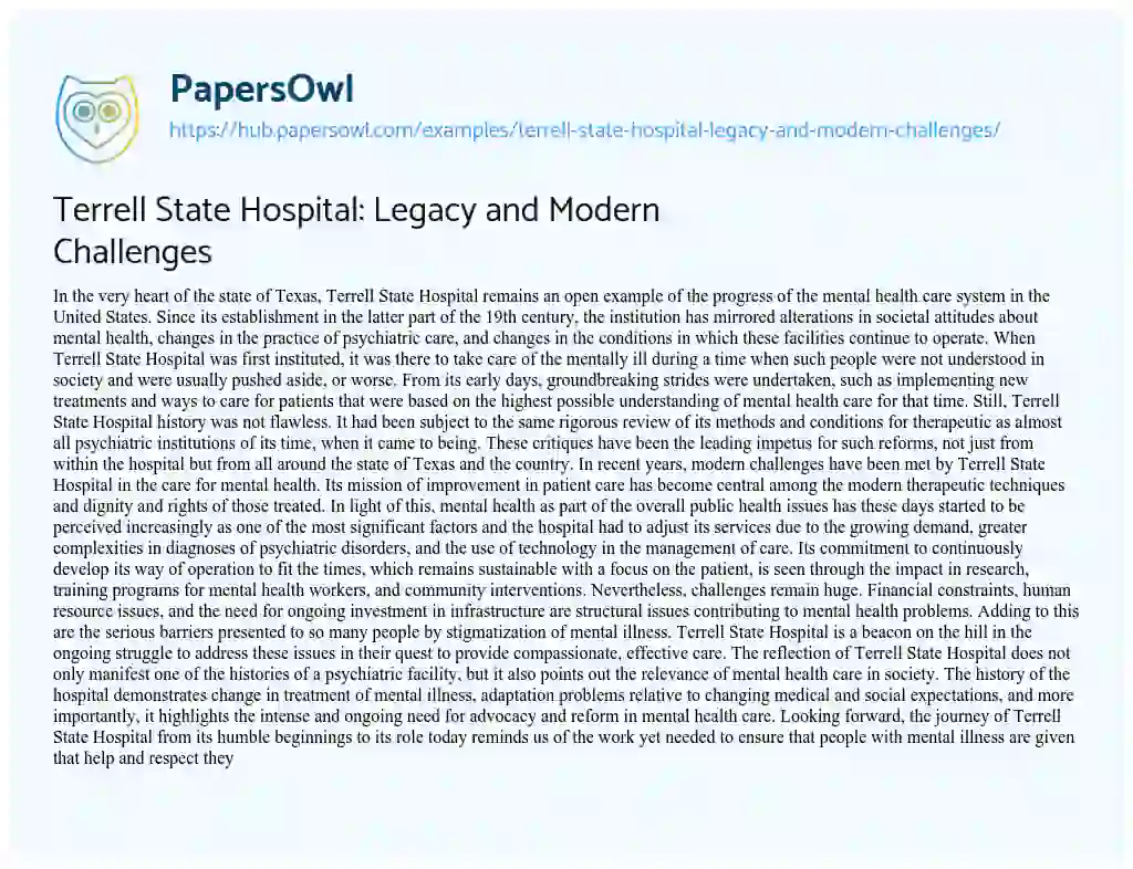 Essay on Terrell State Hospital: Legacy and Modern Challenges