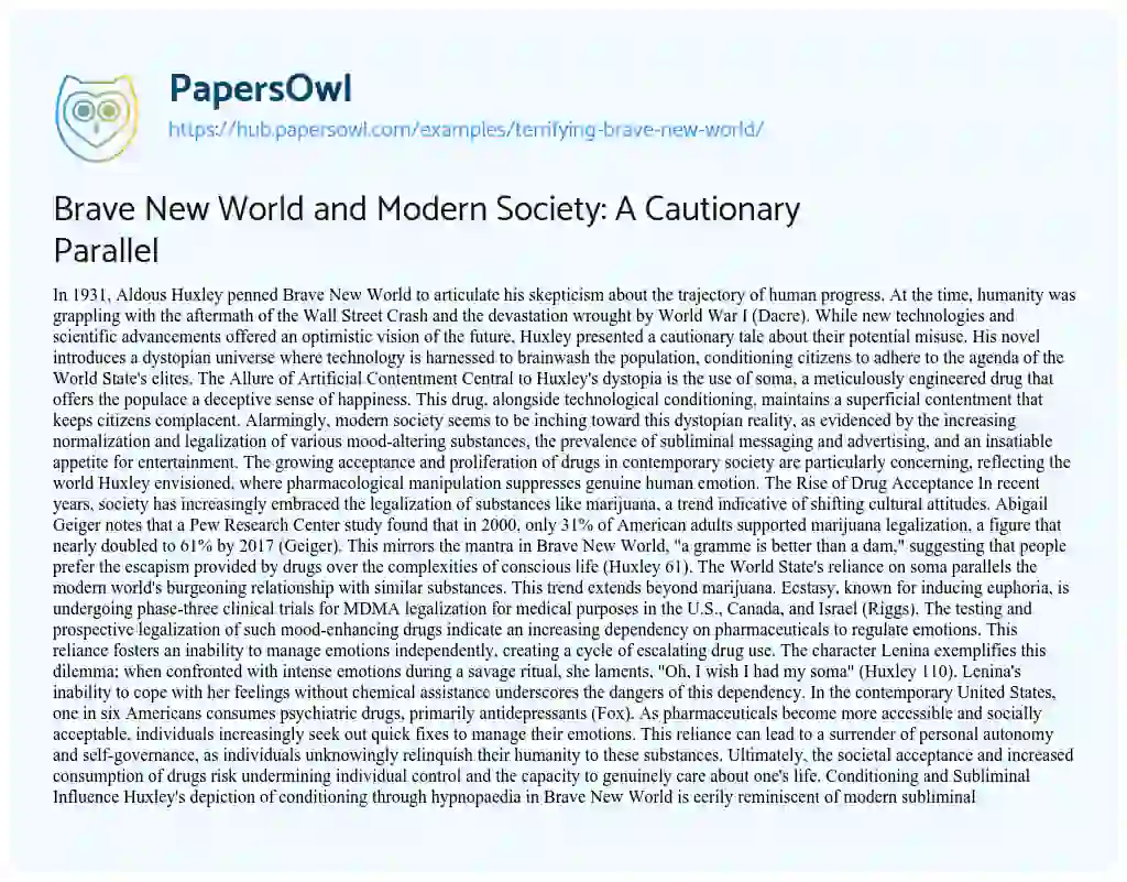 Essay on Brave New World and Modern Society: A Cautionary Parallel