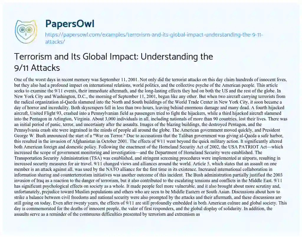 Essay on Terrorism and Its Global Impact: Understanding the 9/11 Attacks
