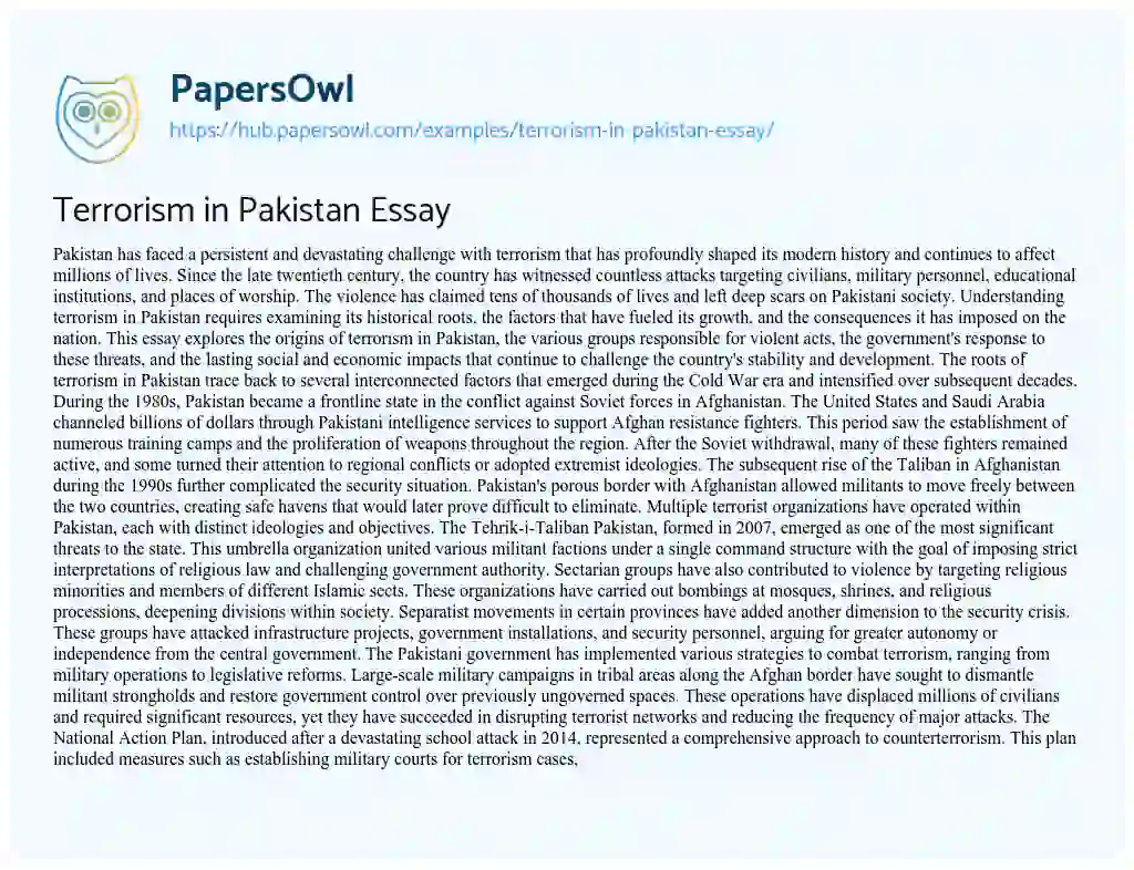 Essay on Terrorism in Pakistan Essay