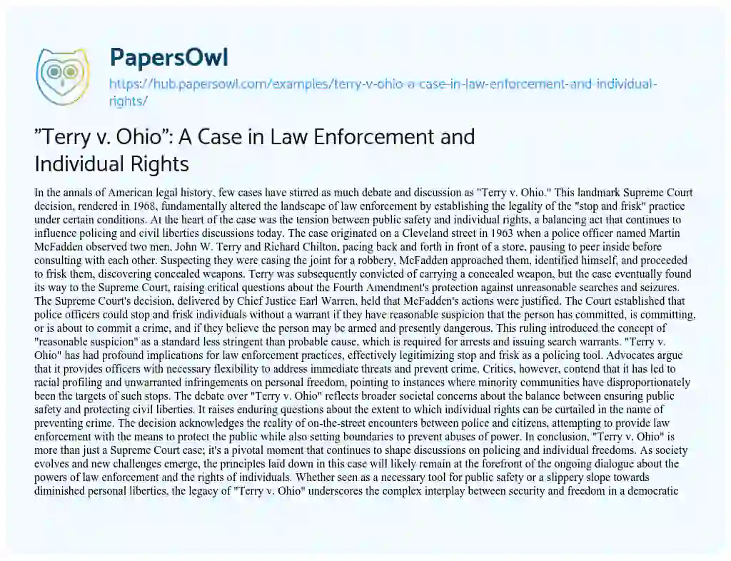 Essay on “Terry v. Ohio”: A Case in Law Enforcement and Individual Rights